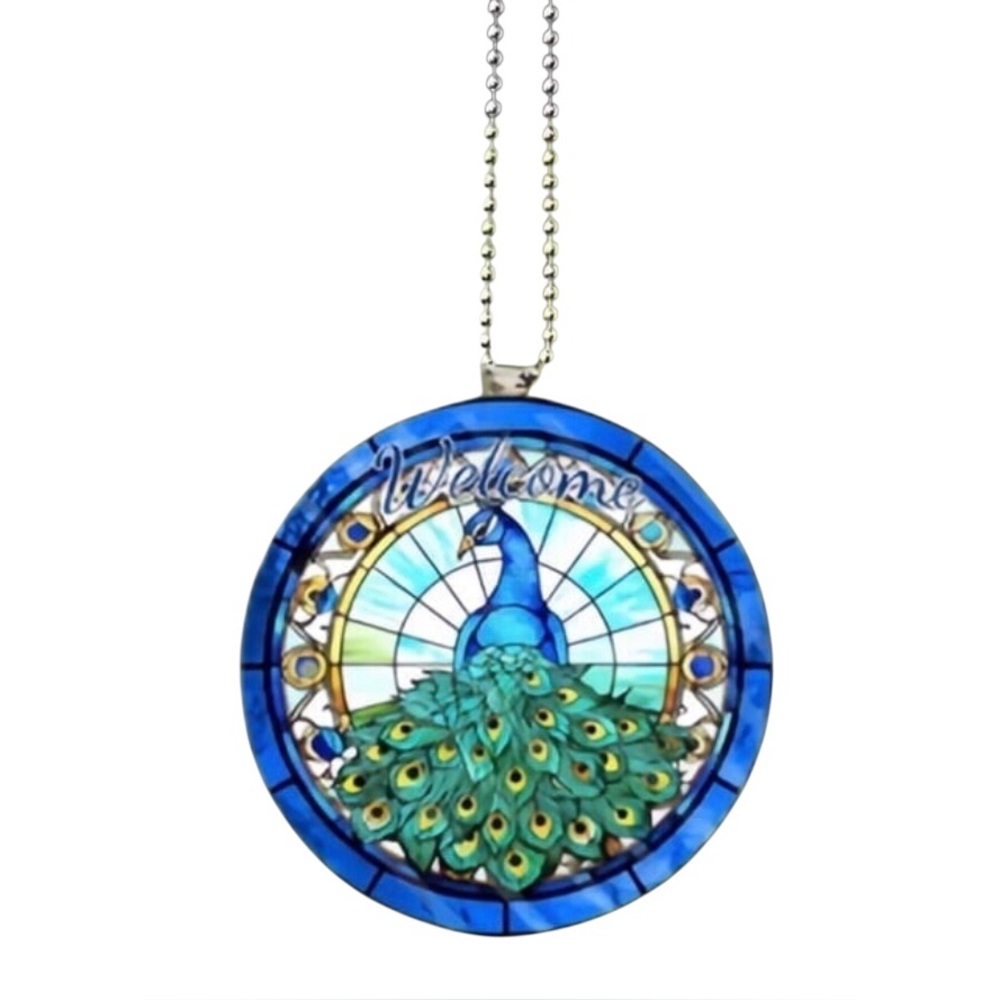 Peacock Feather “Welcome” Faux Stained Glass 2D Acrylic Pendant Ornament
